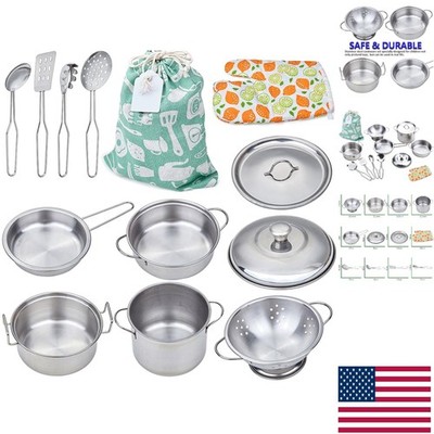 Deluxe Pretend Cookware Set for Kids - Mini Stainless Steel Pots & Utensils