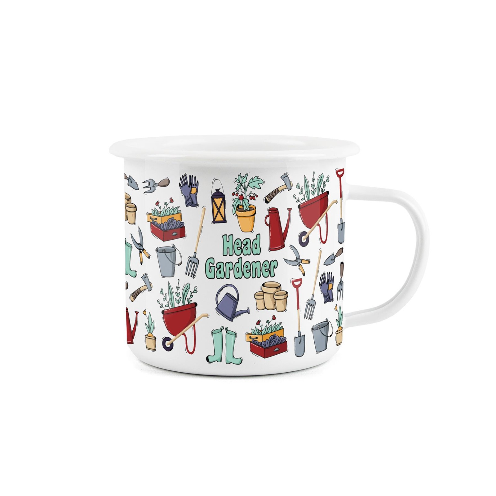 Head Gardener Mug - Wellies Wheelbarrows Enamel Mug - Present for Gardeners
