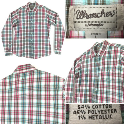 Wrangler Womens Large (40in Bust) Blue Red Plaid Silver Gold Pearl Snap Wrancher