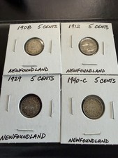 1908 1912 1929 1940 C Newfoundland 5 Cents Silver