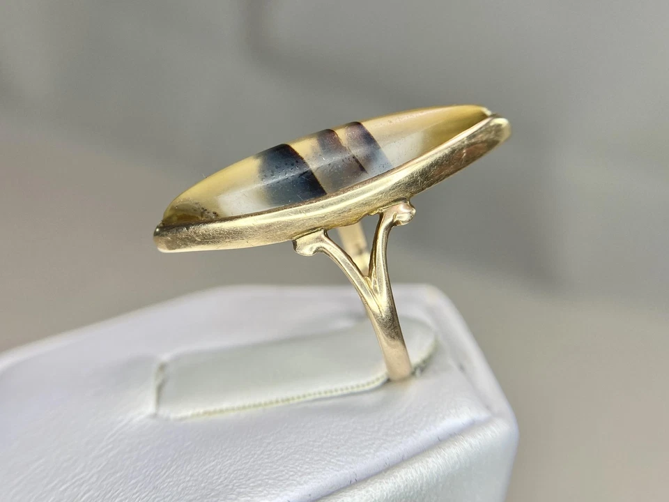 Anel cabochão listrado vintage de ouro amarelo 10k com pedra preciosa marquesa Navette - Imagem 4 de 4