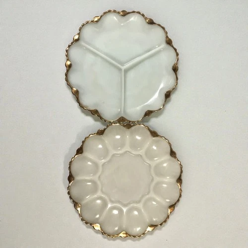 Vintage Anchor Hocking Milk Glass 10in Gold Trim Deviled Egg & Relish Plate Set