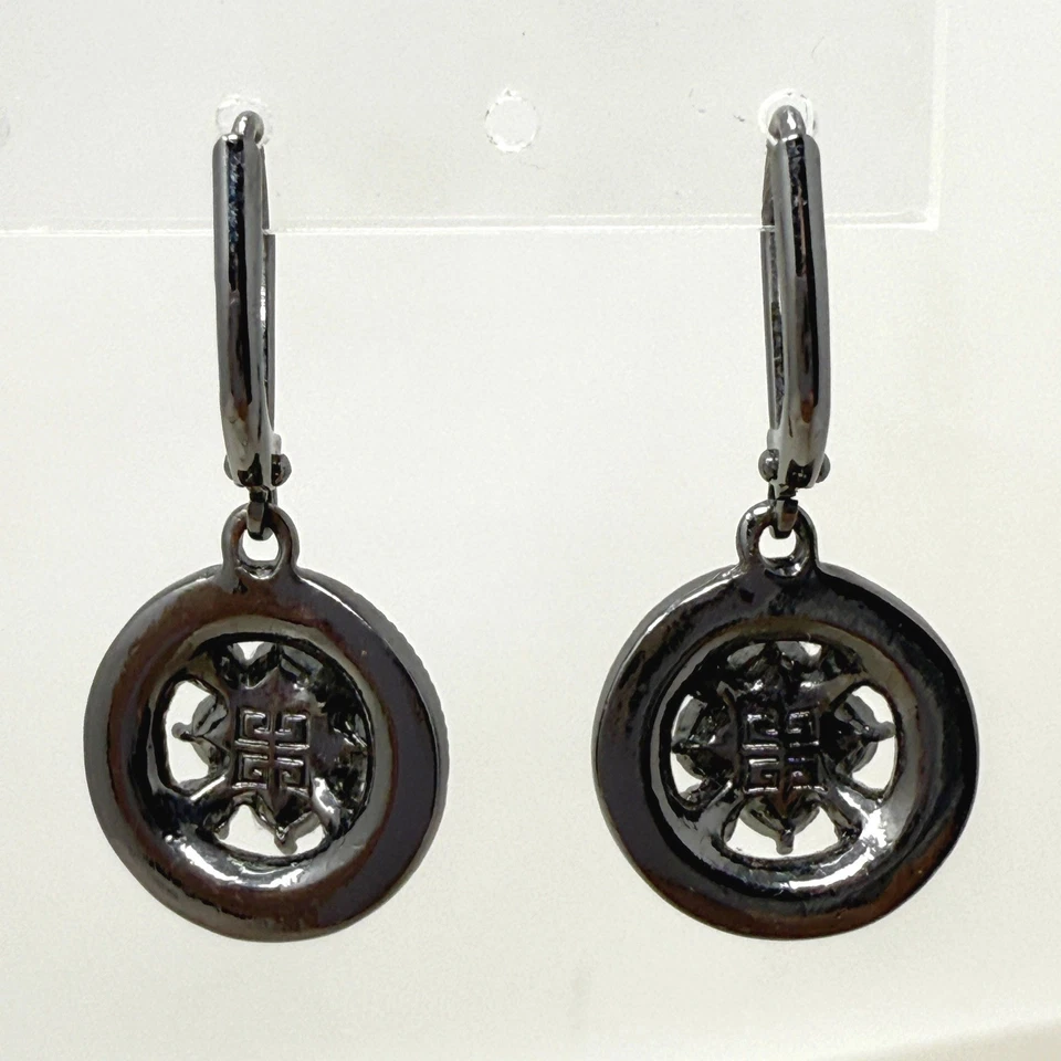 Givenchy Gunmetal Tone Drop Earrings Round Crystal Embellished Lever Back - Image 4 of 4