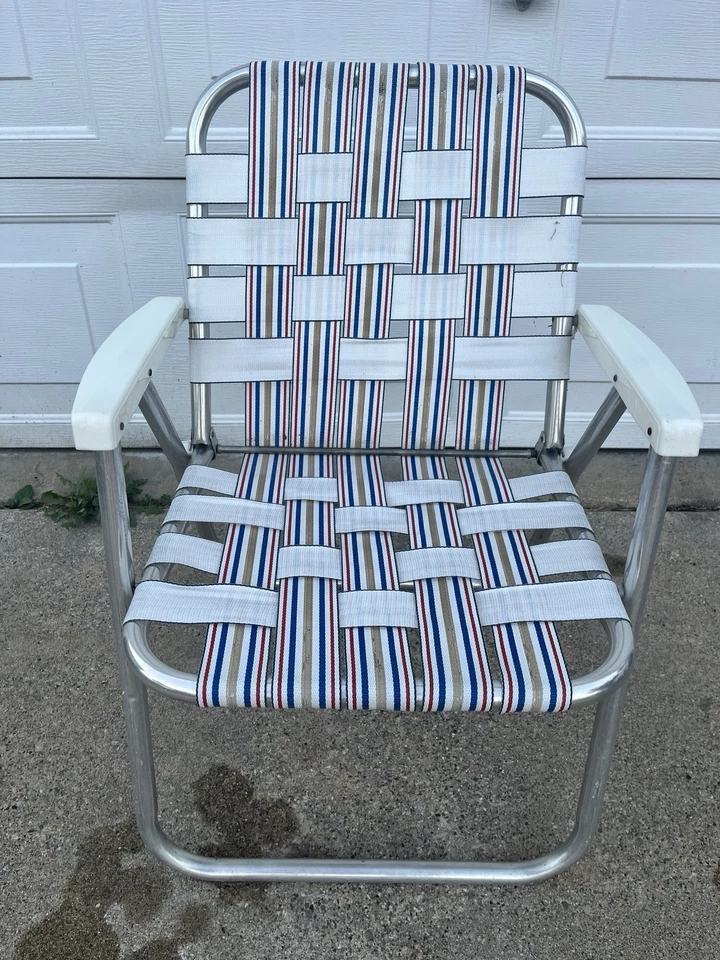 2 Vintage Aluminum Folding Lawn Chair Vinyl Webbed Patio Red, White, And Blue - Image 2 of 4