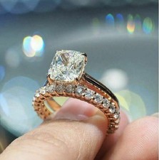 Cushion 2.50Ct Simulated Diamond Wedding Bridal Ring Set 14K Yellow Gold Plated