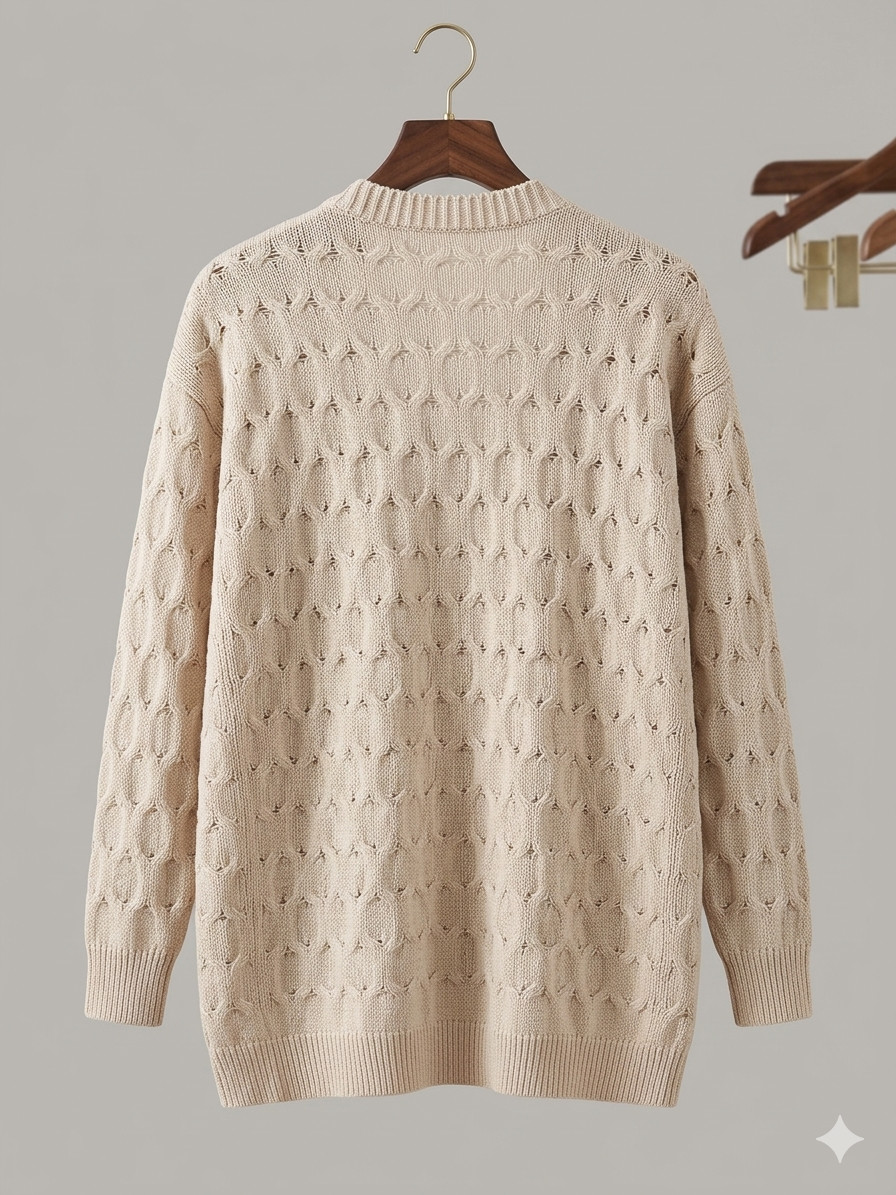 Beige Cable Knit Cardigan Women's Small Eyelet Pockets Light Beige Sweater S image 2