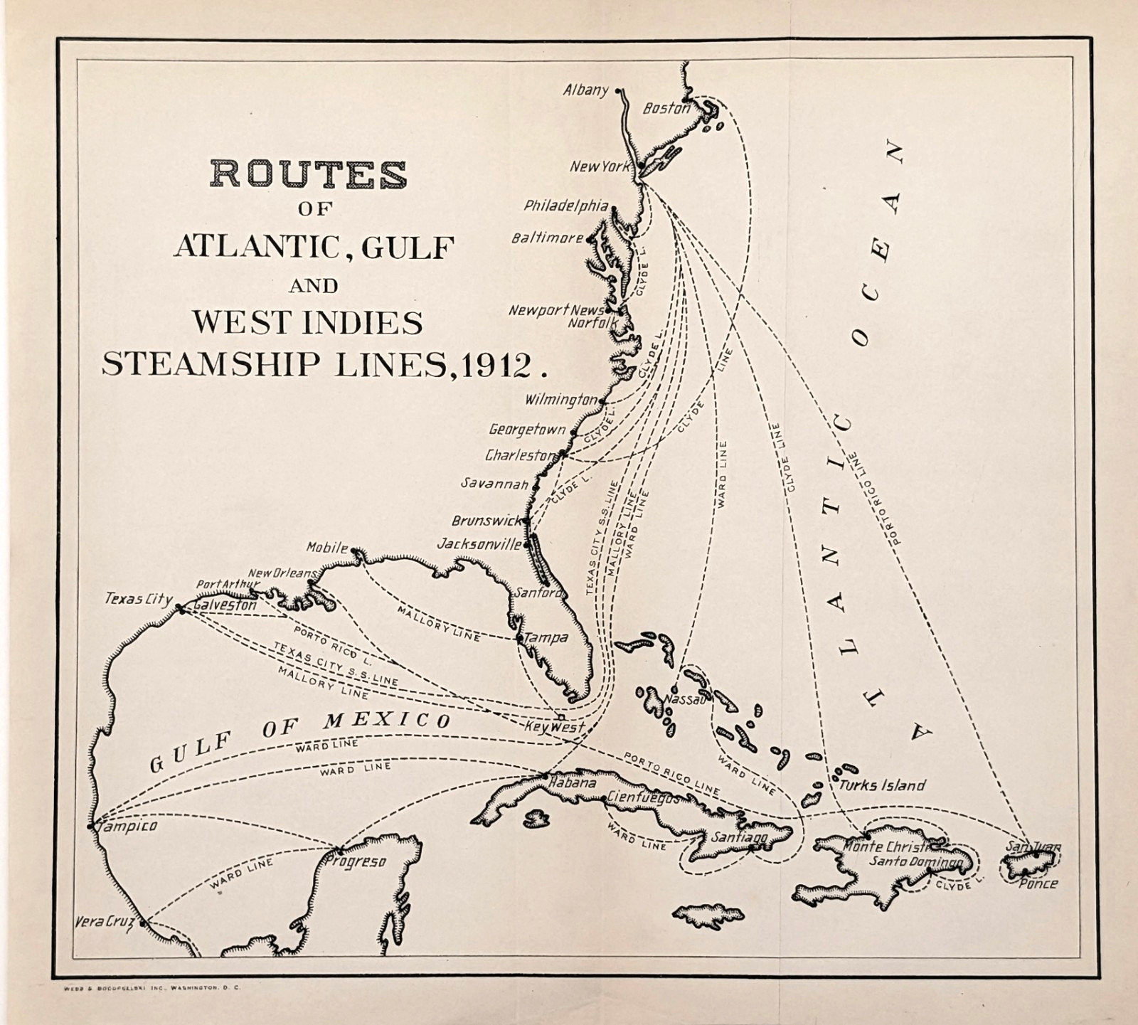 1912 Steamship Map Texas - Florida - West Indies - Newport News - Boston