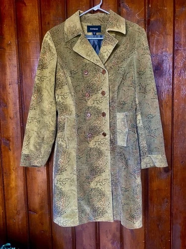 Vintage 90's Express Women’s 6 Green Corduroy Paisley Double-Breasted Long Coat