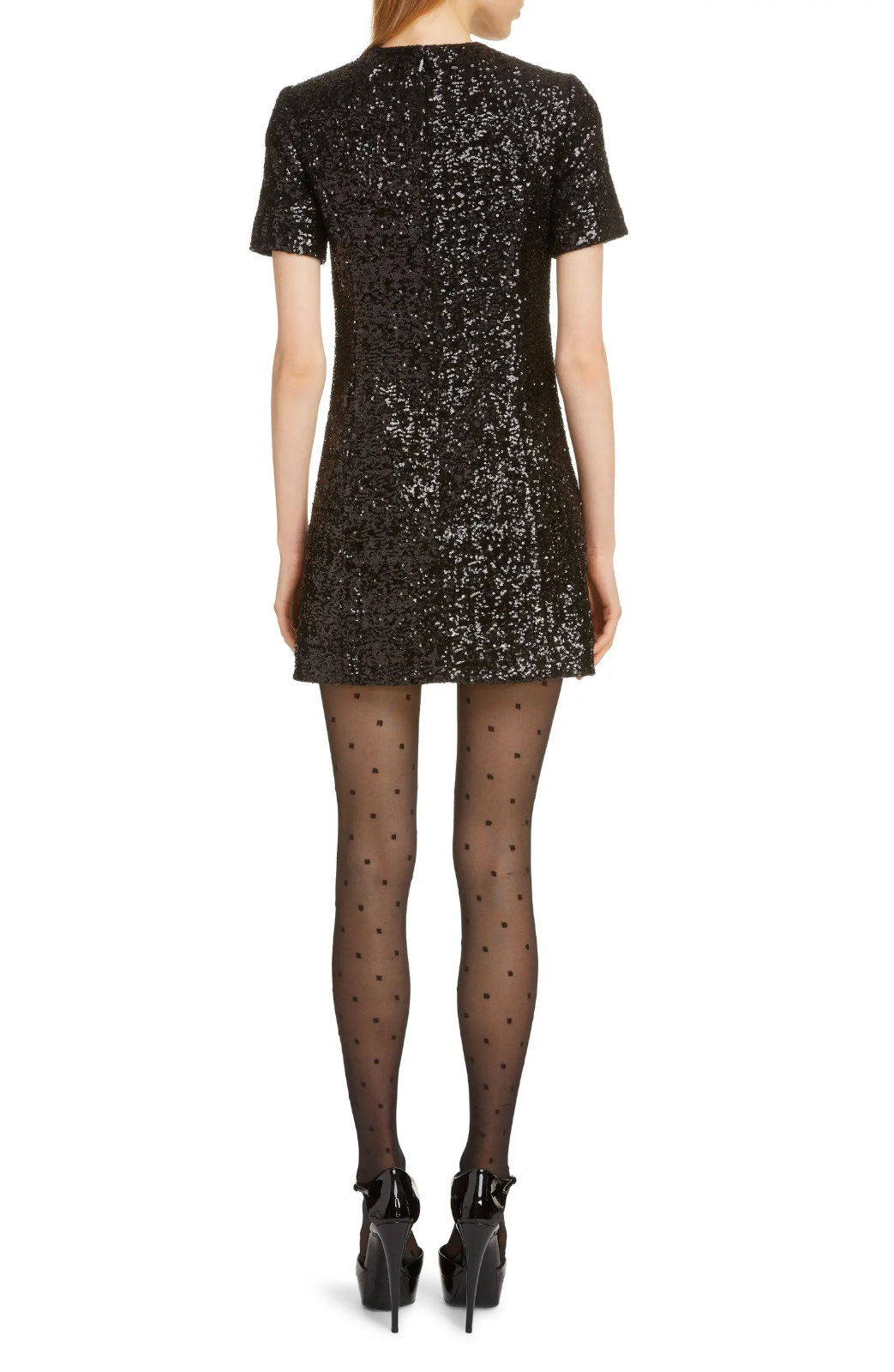 Mini abito nuovo con etichette Saint Laurent paillettes maniche corte con paillettes taglia XXS