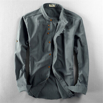 Men Cotton Linen Shirt Formal Retro Long Sleeve Mandarin Collar Frog Button Tops