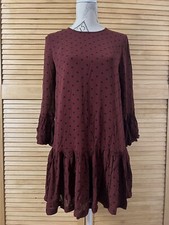 GANNI Carlton Georgette Dress Size 36 UK 8-10 Dropped Waist Burgundy Polka Dot