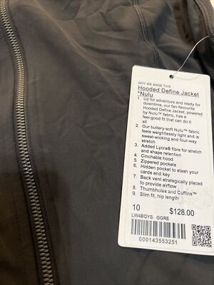 NWT Lululemon Hooded Define Jacket *Nulu Graphite Grey Size : 10