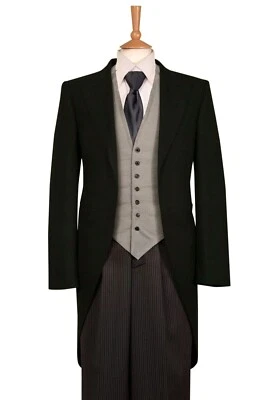 Black Tailcoat 3 Piece Wool Jacket Pinstripe Trouser Grey Waistcoat Royal Ascot - Image 1 of 4