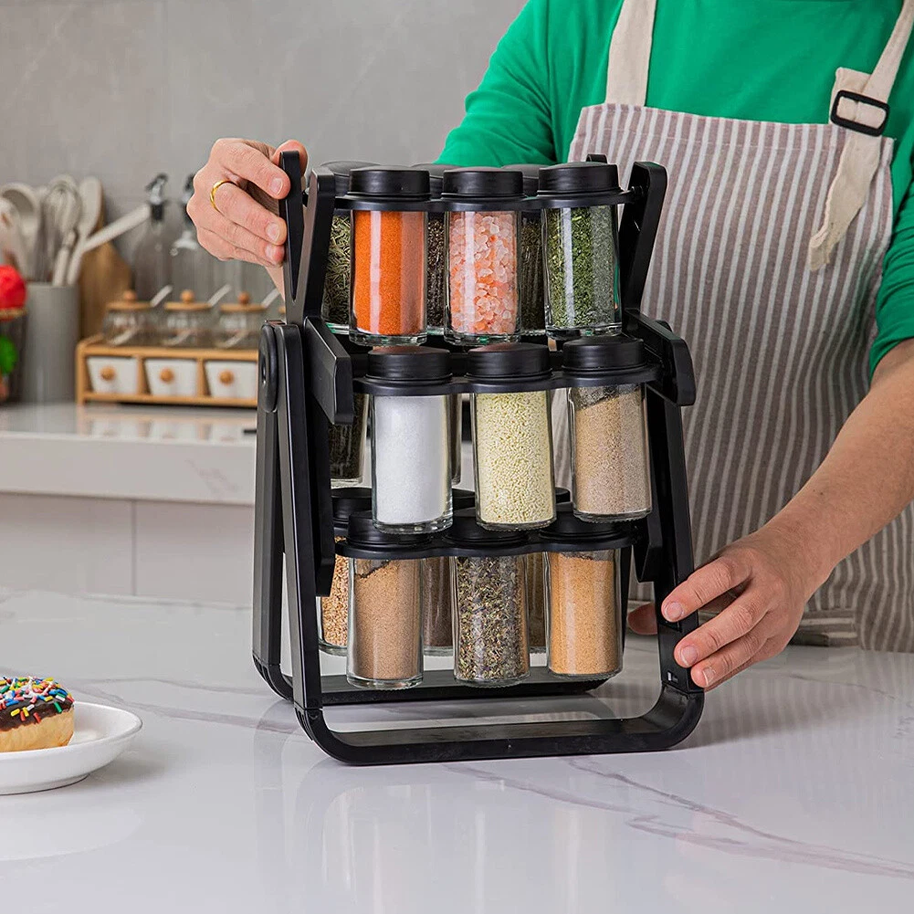 Rotating Spice Rack With 18 Spice Jars Glass Airtight Herb Jar Storage Container