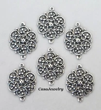 #1831 ANTIQUED .925 STERLING SILVER PLATED OPEN FILIGREE 2 RING CONNECTOR- 6 Pcs