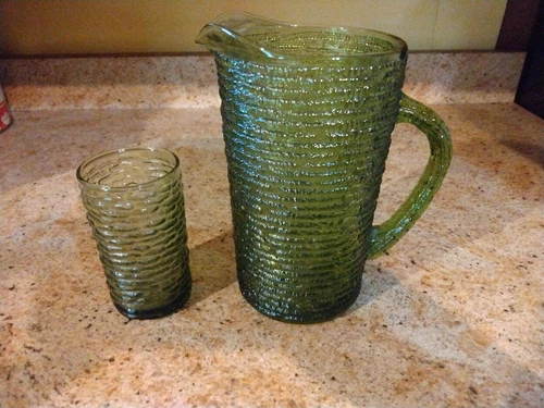 Avocado Soreno 4" Juice Glass & Small Pitcher Anchor Hocking Vintage EUC