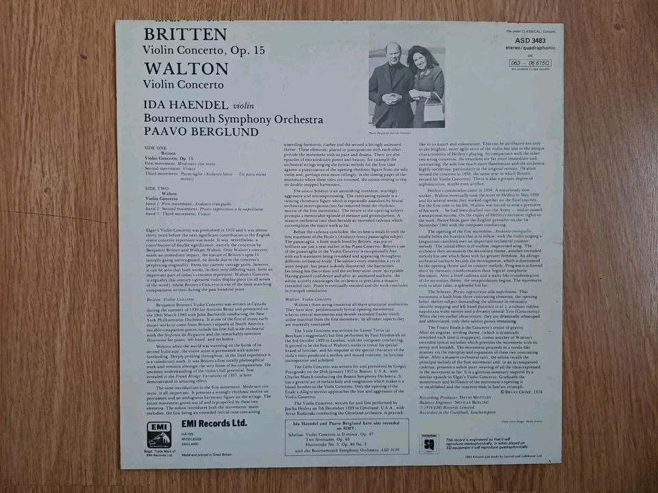 ASD 3483 Britten Walton Violin Concerto Ida Haendel Berglund Bournemouth Quad - Image 3 of 4
