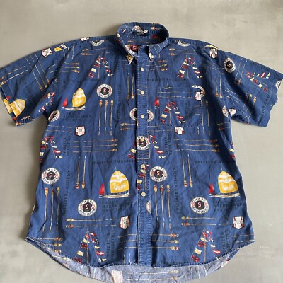 Vintage Chaps Ralph Lauren Shirt Mens XL Blue Paddling Oarsmen Graphic AOP 90s