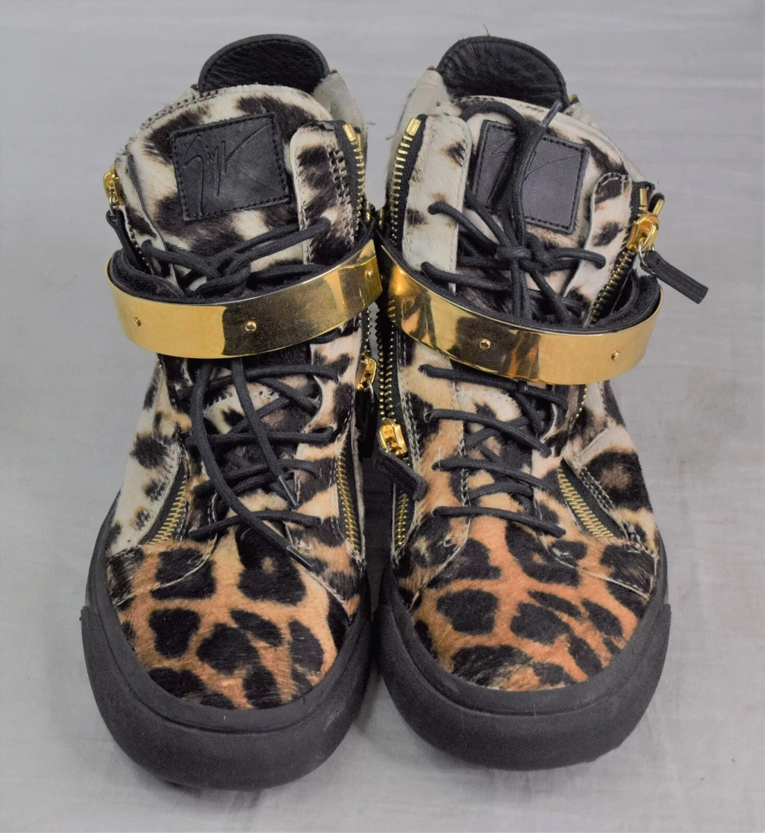 Giuseppe Zanotti Lace Up Gold Strap High Top Fur Sneakers Size 44