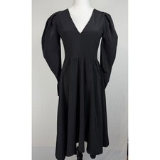 ZARA Women Dress Small Black Puff Sleeve V-Neck Fit and Flare Midi