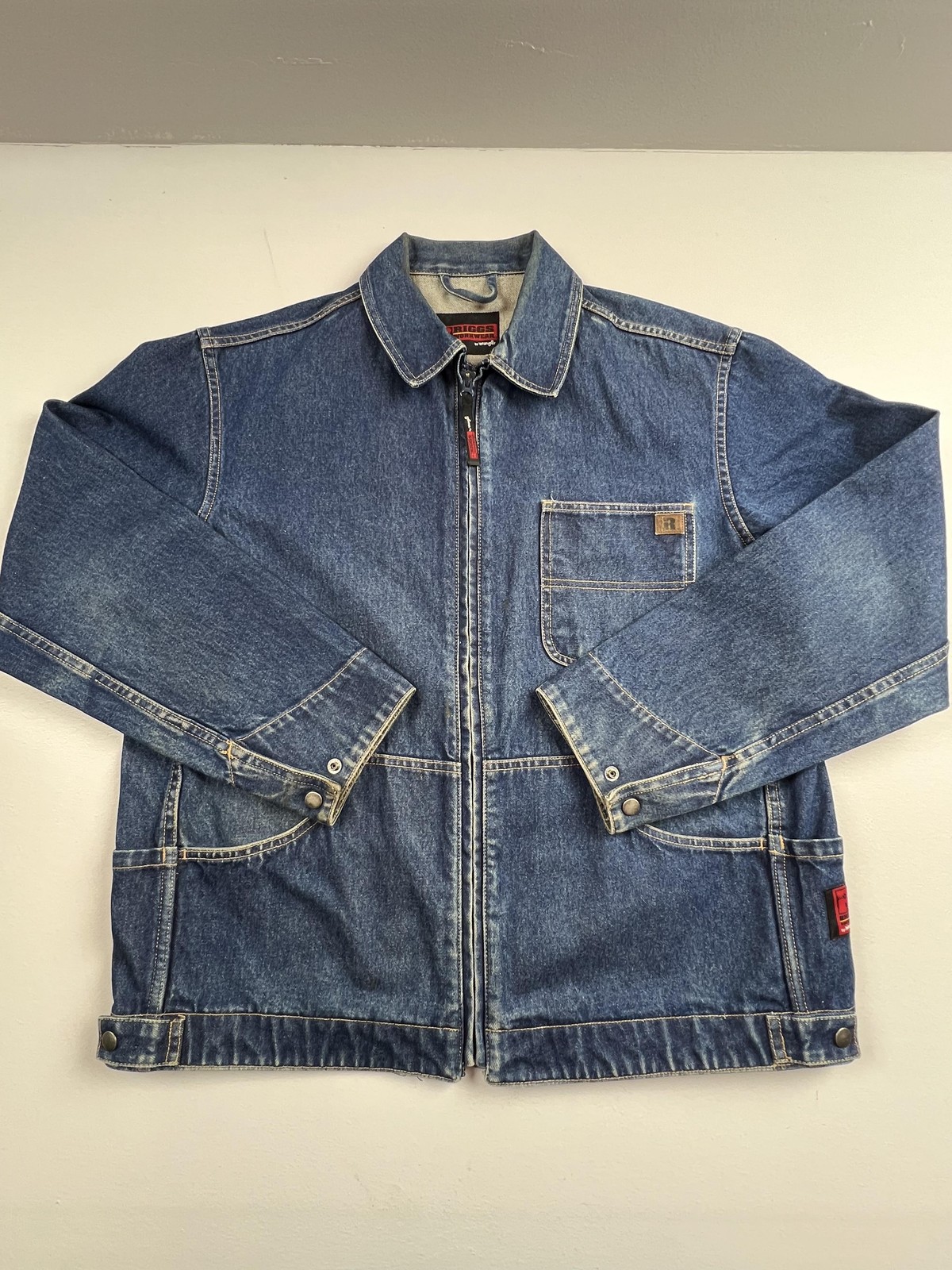 Wrangler Riggs Workwear Jacket Mens Large Blue Denim Bomber Full Zip Pockets