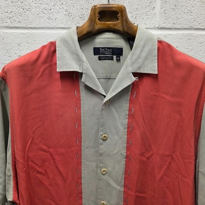 Nat Nast men's XL  Ivory Diamonds  Gray Red short sleeve silk shirt 27x31