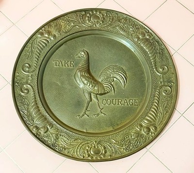 Vntg Take Courage Brewery Wall Plaque England Rooster Cockerel Pressed Brass 14''