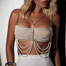 Women Vest Tassel Pearl Halter Luxury Fashion Metal Jewel Body chain Bralet 5431