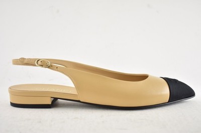 Chanel 24A Beige Leather Black CC Logo Coco Slingback Pointed