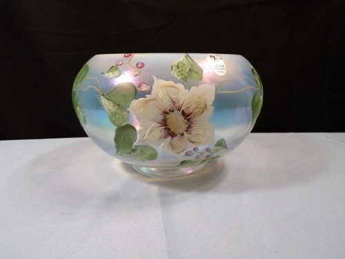 Fenton Iridescent Glass Hand Painted Candle Bowl Rose Bowl Vase White Floral