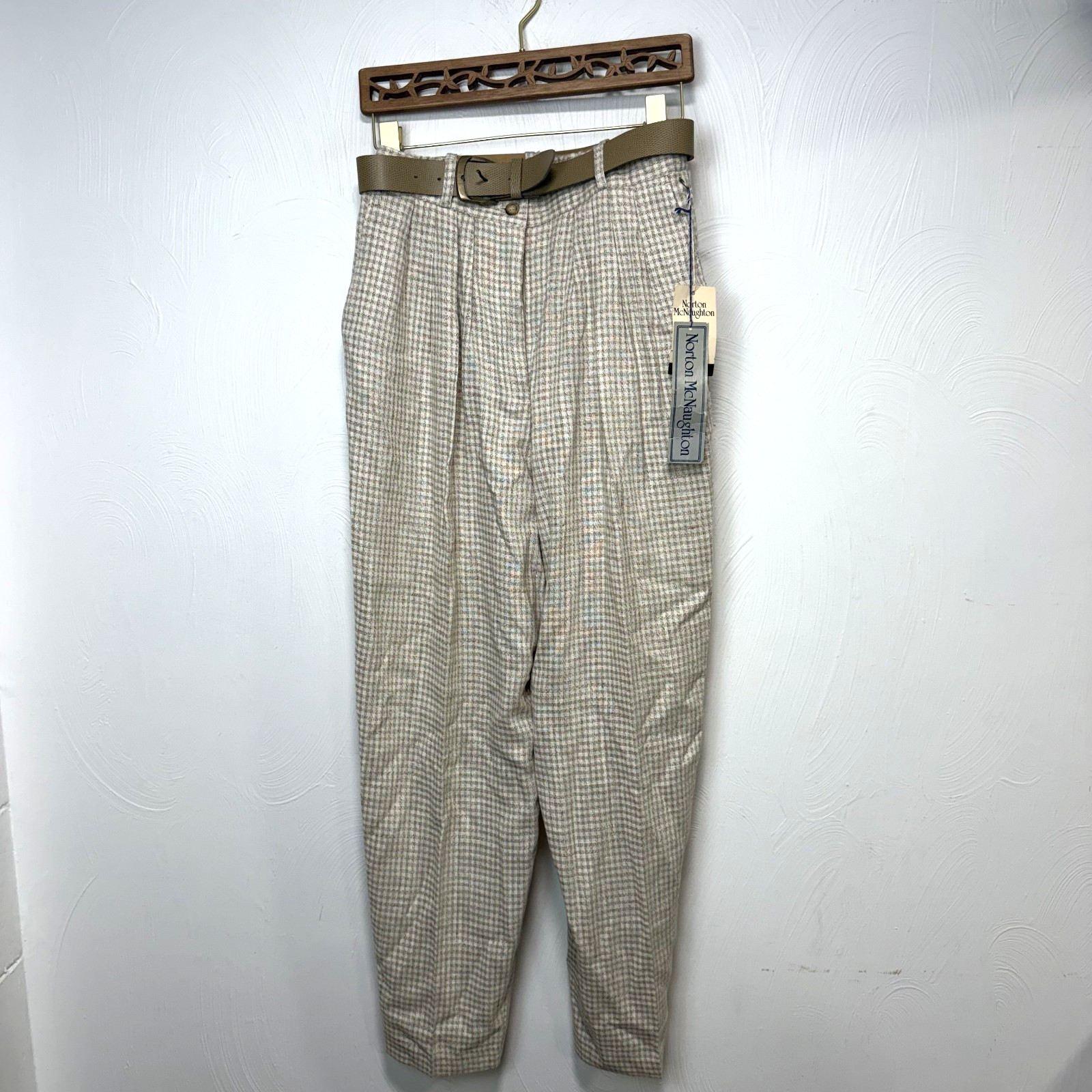 Vintage NWT Norton McNaughton Women's Checkered Beige White Pants w/ Belt Sz 12