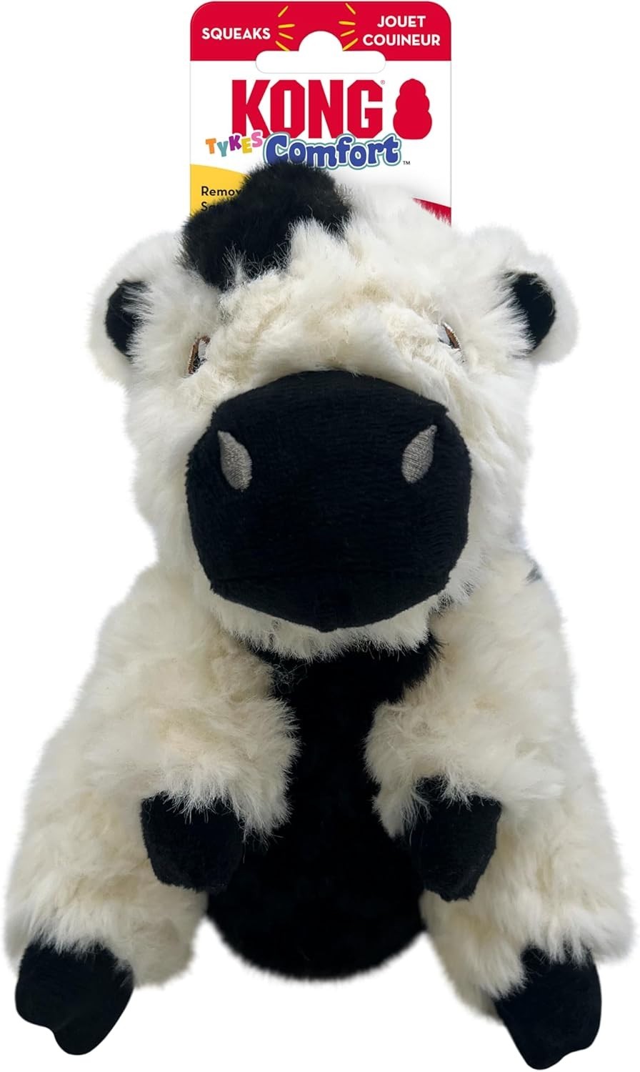 KONG Comfort Tykes Cow Small Removable Low Tone Squeaker Soft Plush Dog Toy