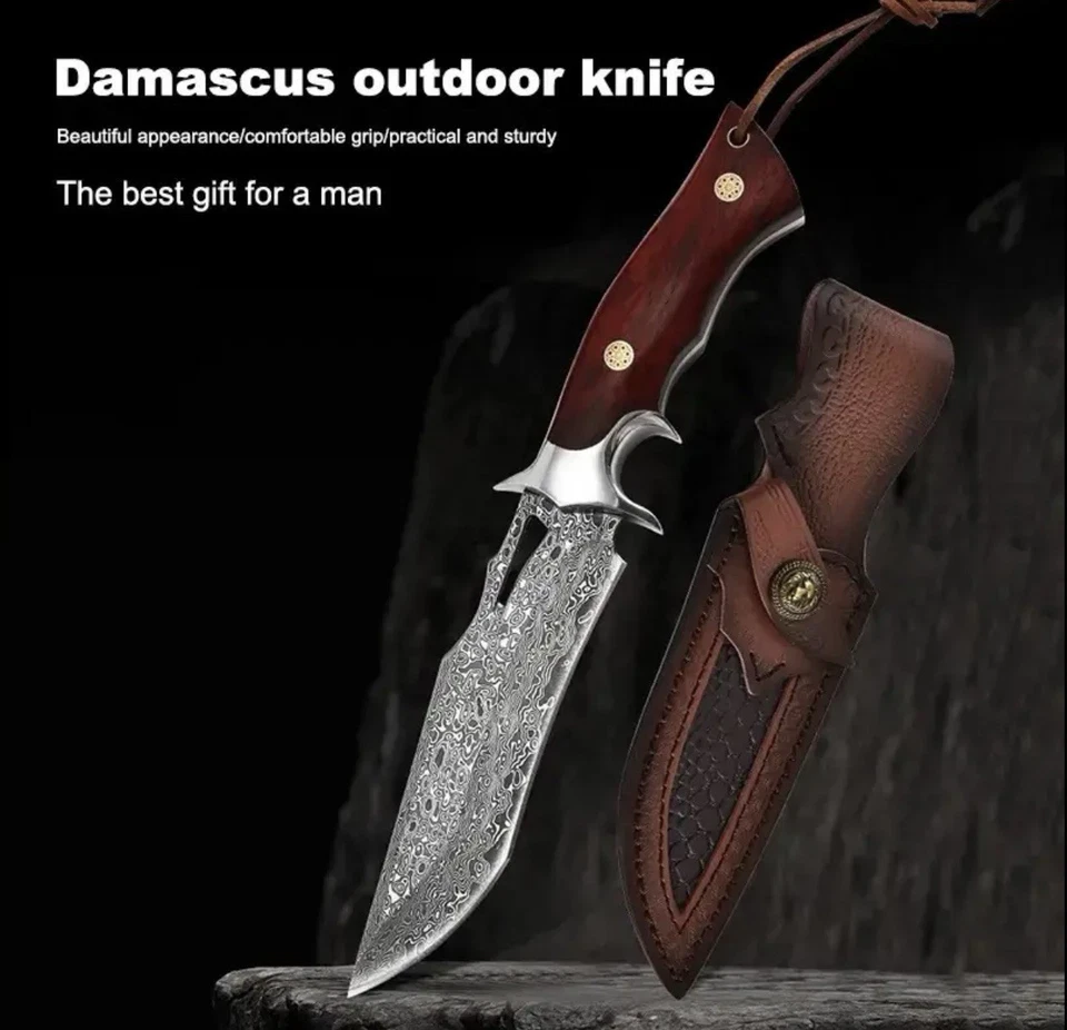 Дамасский охотничий нож с фиксированным лезвием ручной ковки деревянные ручные кожаные ножны - Изображение 2 из 4