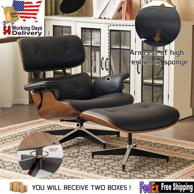 Eames Style Lounge Chair & Ottoman Set-Real Black Leather, High Quality,US STOCK