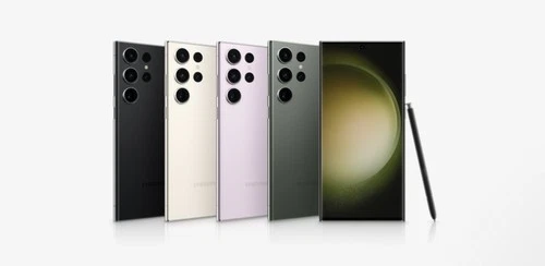 Five Samsung Galaxy S23 Ultra 5G phones in black, white, lavender, green, and olive with rear camera lenses and stylus.