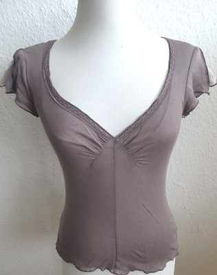 EXPRESSO 2-Lagen SHIRT süße FLÜGEL ÄRMEL + SPITZE Taupe Beige weich Gr. S