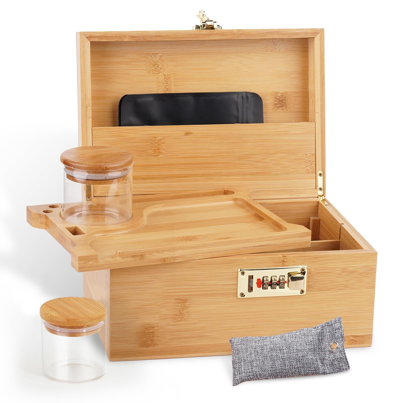Ozchin Large Bamboo Storage Box With Lock Decorative Box For Home Locking Bamboo Box With Glass Jar Tray - Image 3