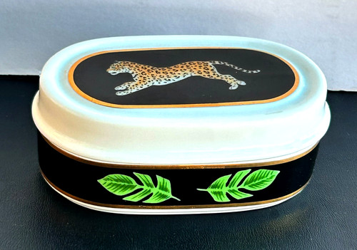 1988 Lynn Chase Designs Jaguar Jungle Oval China Trinket Box 4" 24K Accents C179