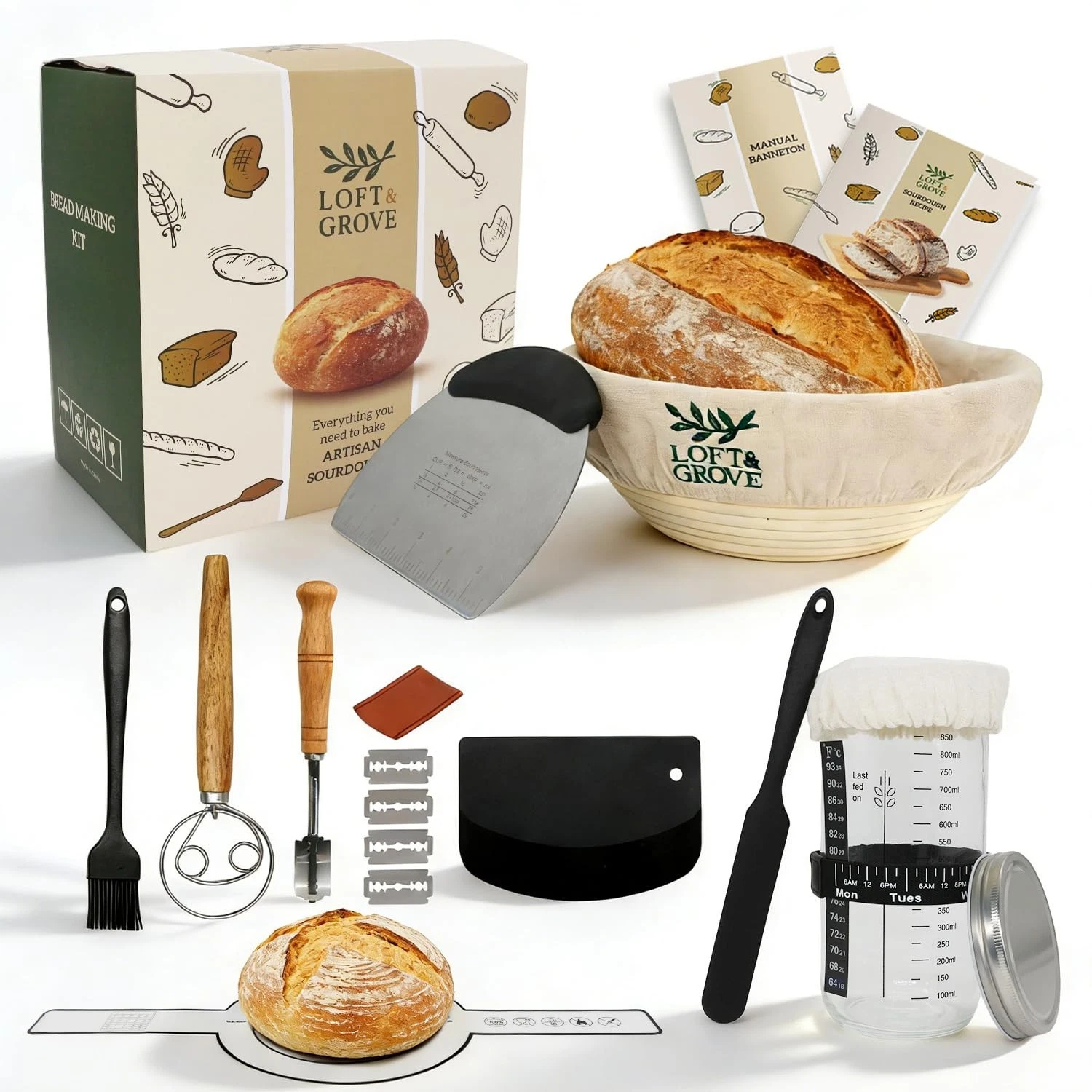 Loft & Grove Sourdough Starter Kit – Complete Bread Baking Kit with 9” Bannet...
