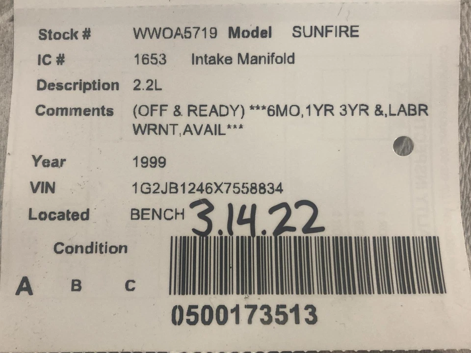 Used Engine Intake Manifold fits: 1999 Pontiac Sunfire 2.2 Grade A - Image 3 of 4