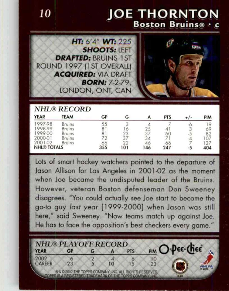 2002-03 O-Pee-Chee Joe Thornton #10 - Image 2 of 2