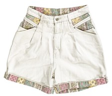 BILL BLASS Cuffed Mom Jean Shorts Vintage 80s Ivory Denim Patchwork Sz 10