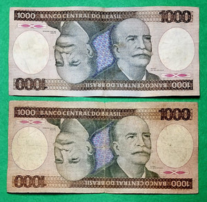 2 BANKNOTES-1000 MIL CRUZEIROS BANCO CENTRAL DO BRASIL-Brazil              8007v
