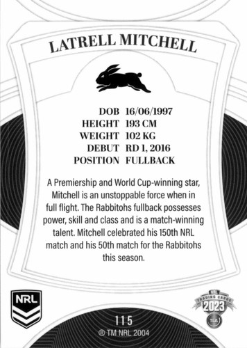 2023 South Sydney Rabbitohs NRL TLA Elite Card - Latrell Mitchell - Bild 2 von 3