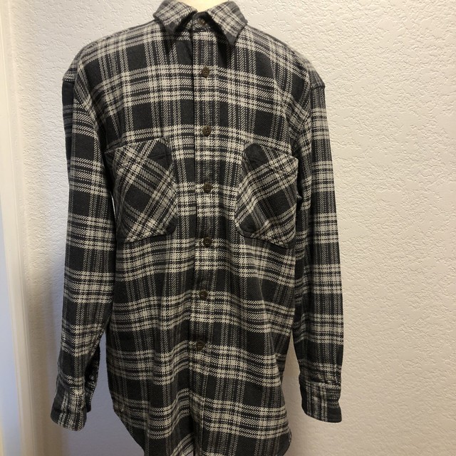grey and white flannel shirt