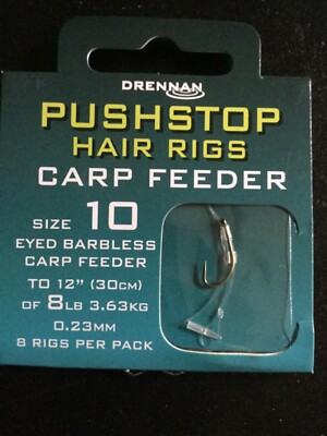 DRENNAN CARP FEEDER PUSHSTOP HAIR RIGS - BARBLESS HOOKS - 8 RIGS 12'' (30cm) LONG