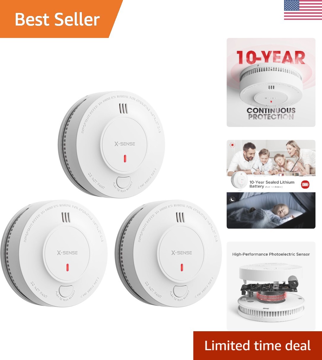 Smoke Alarm, 10-Year Battery Fire Alarm Smoke Detector with LED Indicator & S...