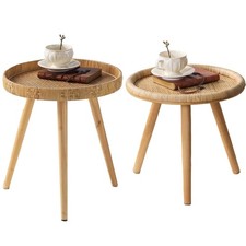 Round Rattan Side Table for Small Spaces,Rattan Round Coffee Table,Boho Circl...