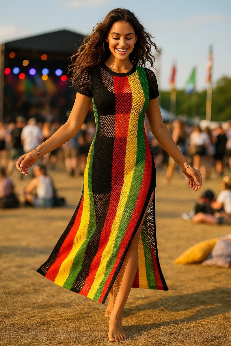 Vestido Maxi Rasta De Crochet 100% Algodn Estilo Rihanna - Jamaicano,  Bohemio, Ajustable