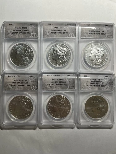 2021 $1 Morgan & Peace Silver Dollar ANACS MS70 6 COIN SET 100th Anniversary